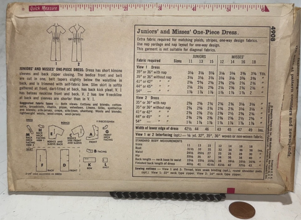 4908 VTG Simplicity Pattern Misses'/Junior 1960s One Piece Dress SZ 11 Bust 31.5 - Image 2 of 2