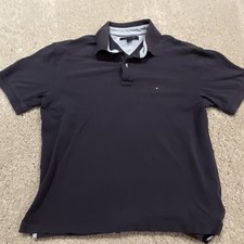 Tommy Hilfiger Men's L Polo Navy Solid Short Sleeve Collared Logo Button Knit