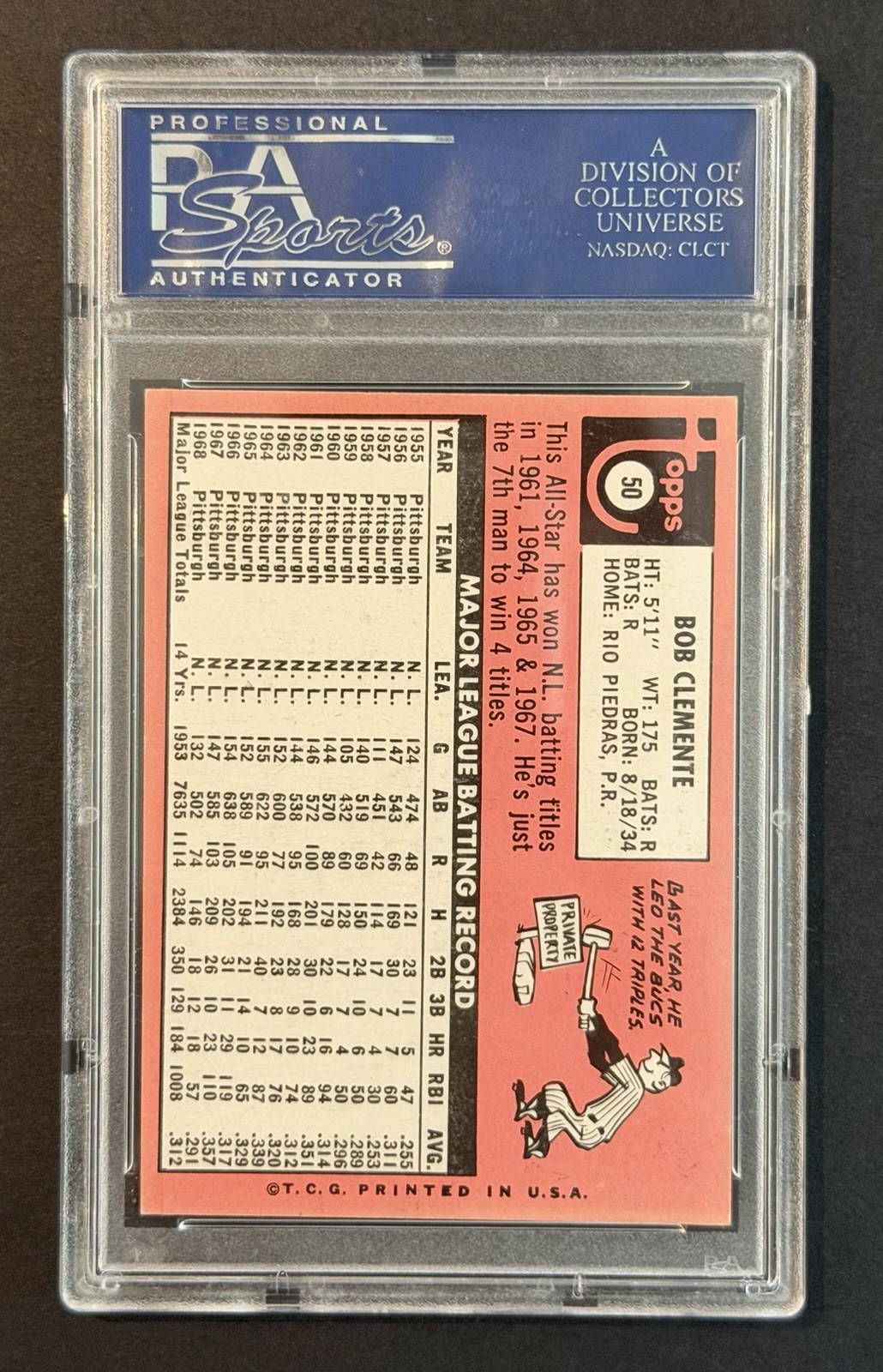 Bob Clemente 1969 Topps #50 PSA 6 view 2