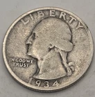 1934 Washington Quarter 90% Silver Circulated No Mint Mark Philadelphia US Coin