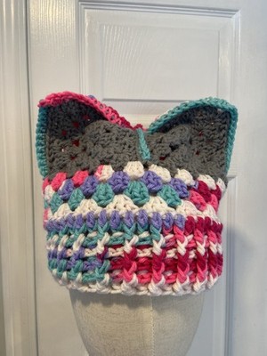Handmade Crochet Cat Animal Ear Beanie Hat Cozy Ribbed Brim Stretch Winter Hat
