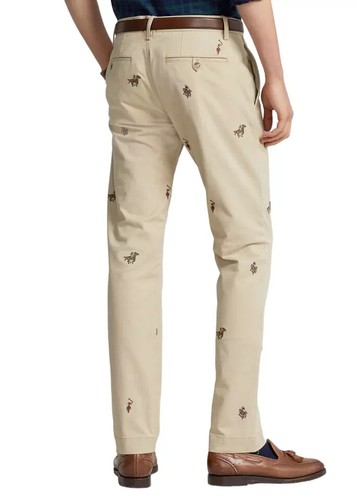 Polo Ralph Lauren Chino Pants 35x32 Stretch Straight Khaki Allover Logo NWT $148 - Picture 2 of 6