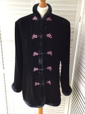 Velvet Velour Black Jacket Faux Fur Trim Cuffs Pink Black Loop Close Detail Coat