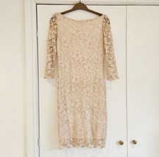 Nude Pink Ivory Oyster Lace Bodycon Dress Size 8 Stretchy lined 3/4 Sleeve knee