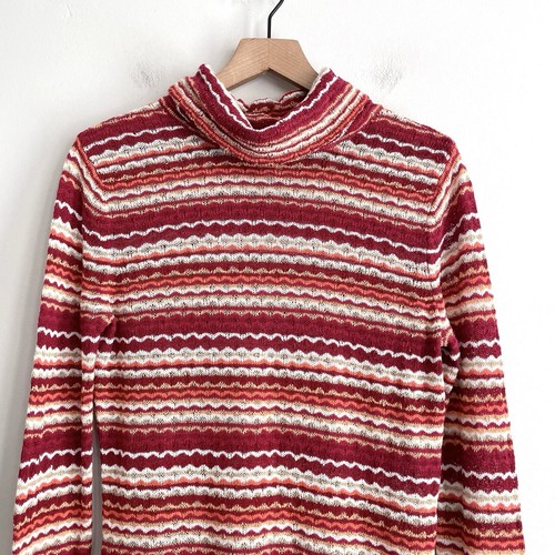 Lucky Brand Womens XL Knit Lightweight Striped Turtleneck Sweater Red Orange - Picture 3 of 8