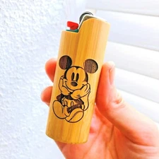 Engraved Bamboo Wood Mickey Lighter Case Cover Fits Standard Bic Lighter J6