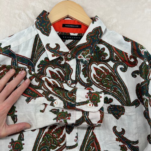 Sean John Men's Size 2XL White Paisley Linen/Cotton Tailored Fit Casual Shirt - Picture 8 of 15