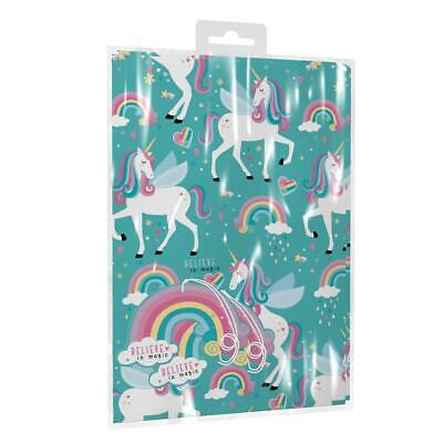 2 Sheets of Girls UNICORNS Gift Wrap Set Birthday Wrapping Paper Matching Tags