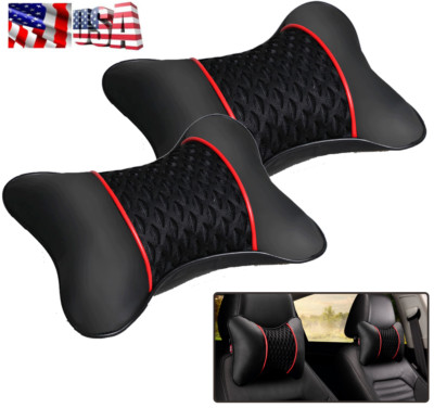 2X Black Pu Leather Car Seat Head Neck Rest Pillow Headrest Cervical Cushion Pad