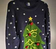 H M Mens XL Blue Long Sleeve Christmas Tree Jumper  Attached Bells Used GC
