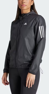 $90 Adidas Women Sz M WIND.RDY Own The Run Hood Jacket Hiking Windbreaker Black
