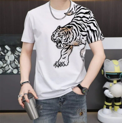 New Men Luxury Diamond Tiger Rhinestones Fashion T-Shirt High Quality 3 Colors