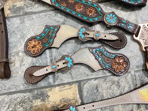 Leder Western Kopfstück Set für Pferd verziert mit holografischem Snack Print - Bild 79 von 79