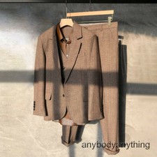 3pcs Men British Style Herringbone Tweed Blazer Coat Vest Pant Suit Groom Formal