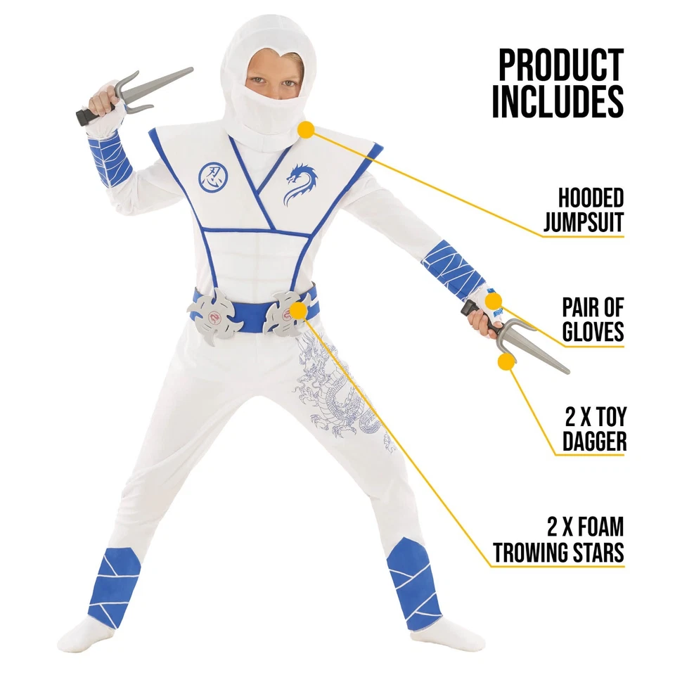 Kids White & Blue Ninja Costume + Toys Boys Girls Samurai Warrior Suit Halloween - Image 4 of 4