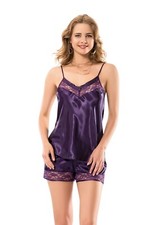 Satin Nightgown Womens Shorts Set 2 Piece With Lace