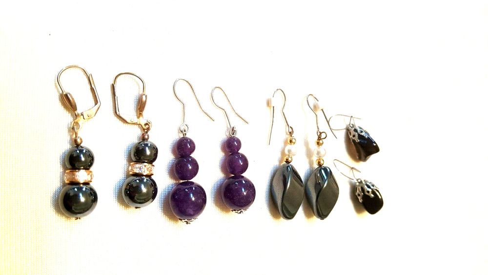 4 Pr Prcd Earrings - 1 Pr Faux Amethyst & 1 Pr Black Bead & 2 Pr Black Onyx Used