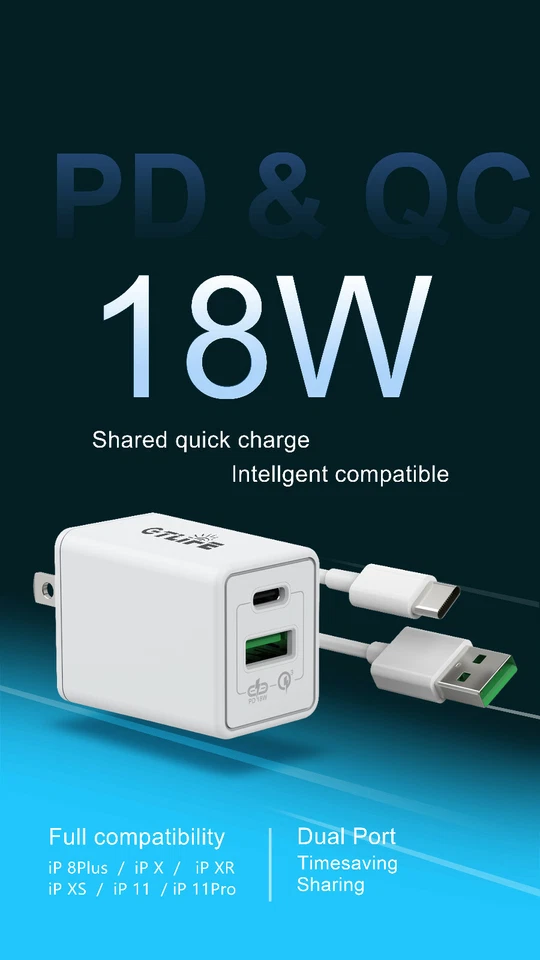 GT Life 18W Dual Wall Charger PD QC 3.0 Fast Charging Adapter for iPhone Samsung - Image 4 of 4