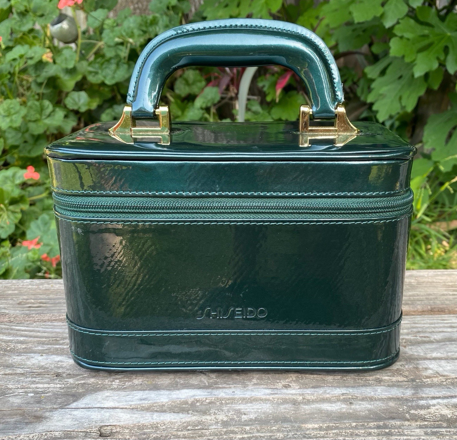 Shiseido Patent Leather Vanity Makeup Luggage Train Travel Cosmetics Case Green