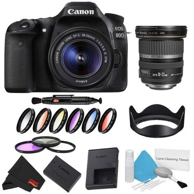 Canon EOS 80D DSLR Camera +18-55mm Lens Bundle w/ 9 Piece Filter Kit + 10-22mm L