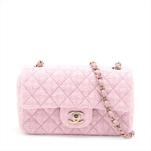 Chanel Mini Matelasse 20 Tweed Single Flap Single Chain Bag Pink Gold Metal Fitt