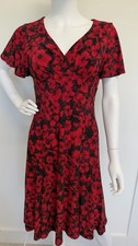 CHAPS Red Black Floral Faux Wrap Dress Size S Flutter Sleeve Stretch Midi