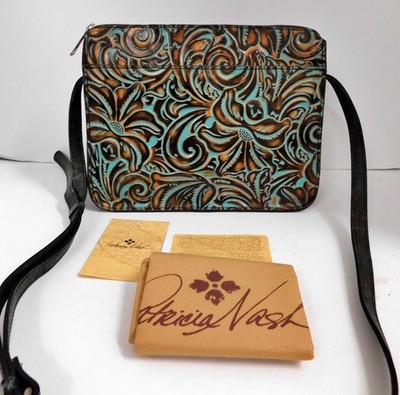 New Patricia Nash Vallata Tooled Turquoise Leather Crossbody P891133 MSRP $169
