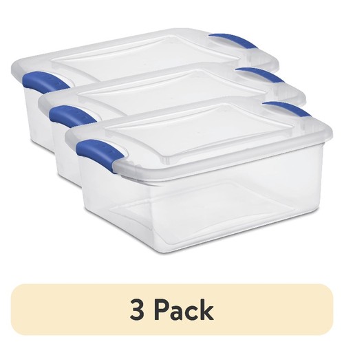 (3 pack) Sterilite 15 Quart Latch Box, Small Clear Plastic Bin Blue ...