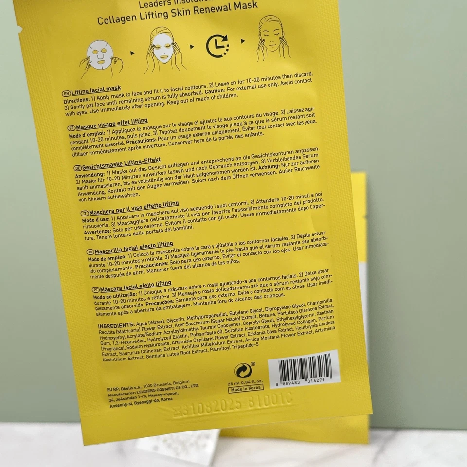 Paquete de 4 mascarillas faciales Leaders Insolution - Levantamiento de colágeno y poros desaparecidos para siempre Foto 3 de 4