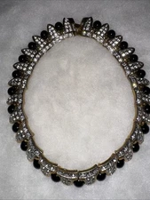 Vintage Black Glass Rhinestone Gold Tone Statement Choker Necklace WOW PIECE!!