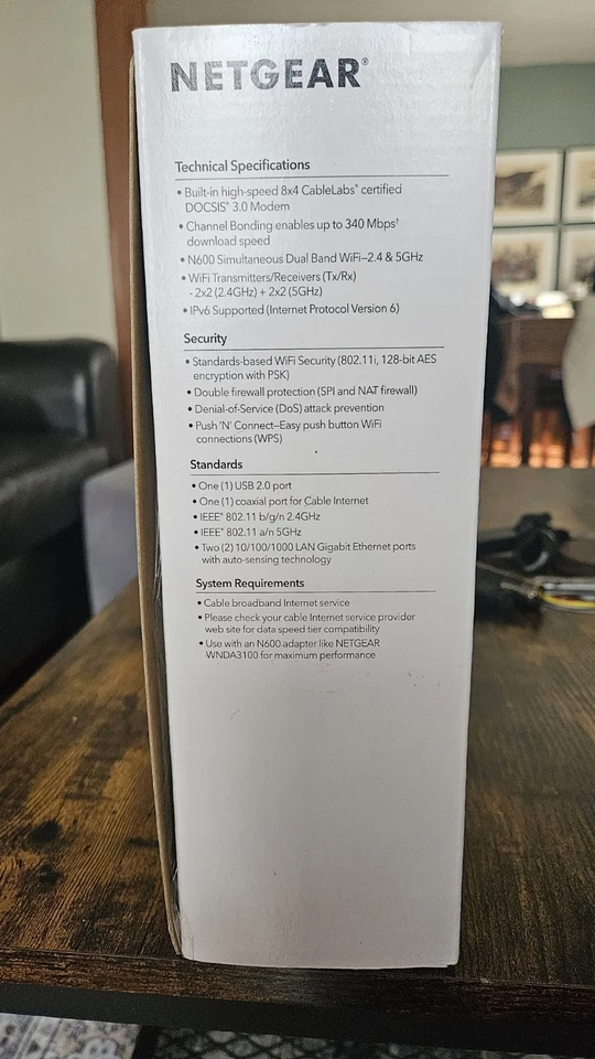 Netgear N600 WiFi Cable Modem Router 802.11n Dual Band Gigabit Model C3700 New! - Image 2 of 4