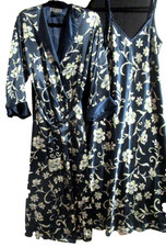 Halston Peignoir Set Nightgown & Robe Full Length Satin Floral Navy Blue SZ L/M