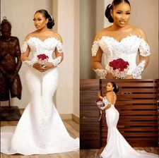 White Mermaid Wedding Dress Off Shoulder Lace Long Sleeves Backless Bridal Gown