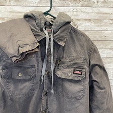 Dickies Mens M Jacket Canvas Chore Work Gray Hooded Zip Snap Lined Insulated