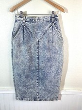 Vintage 80s Acid Wash Denim Midi Skirt High Waist Pockets USA Women 10 Medium