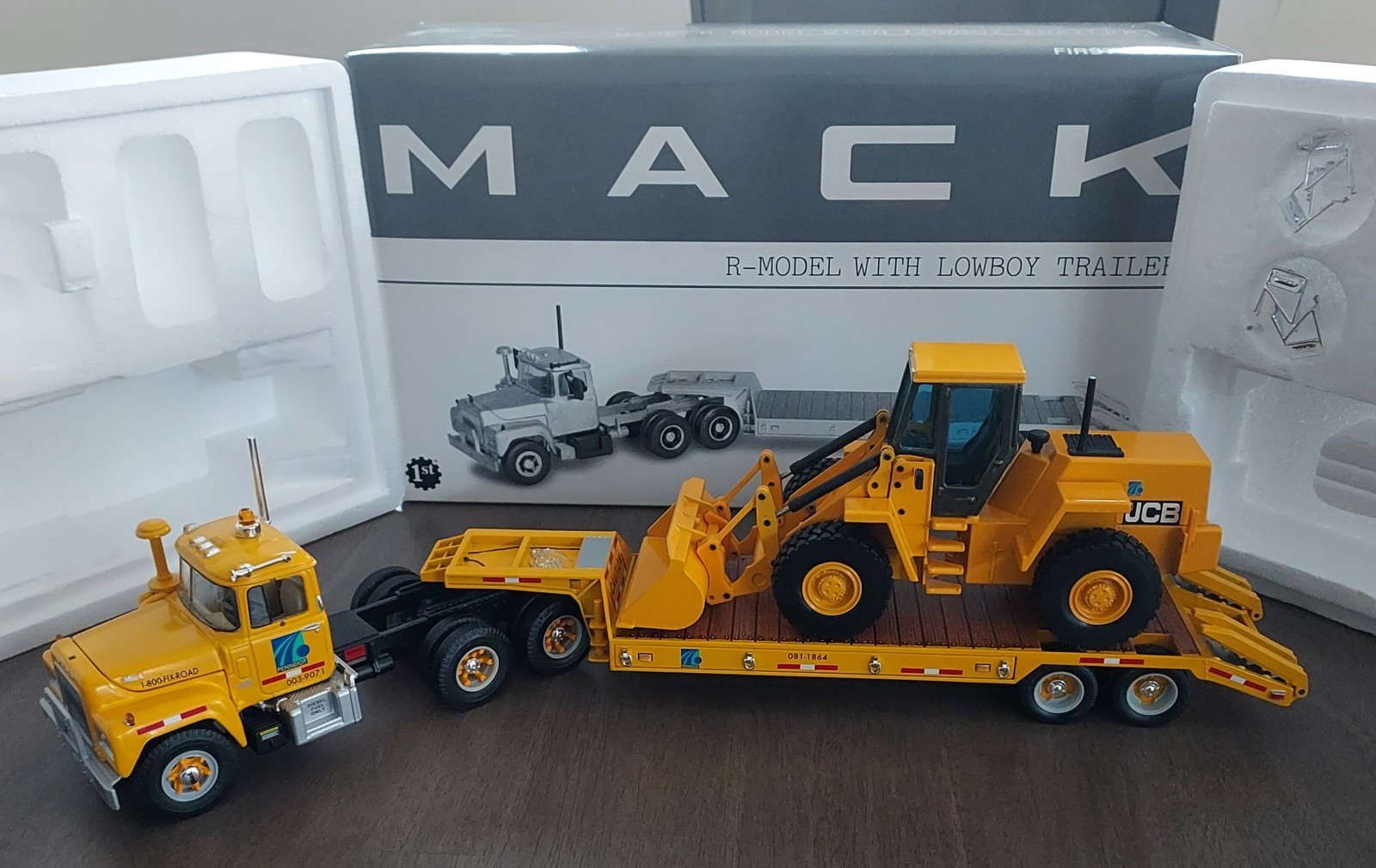 First Gear Penn DOT Mack R-Model Tractor w/Lowboy 1:34 & Loader Special Pairing!