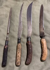 vintage (LOT OF 4) BONE HANDLE KNIVES & SHARPENING STEEL deer antler ANTIQUE WOW