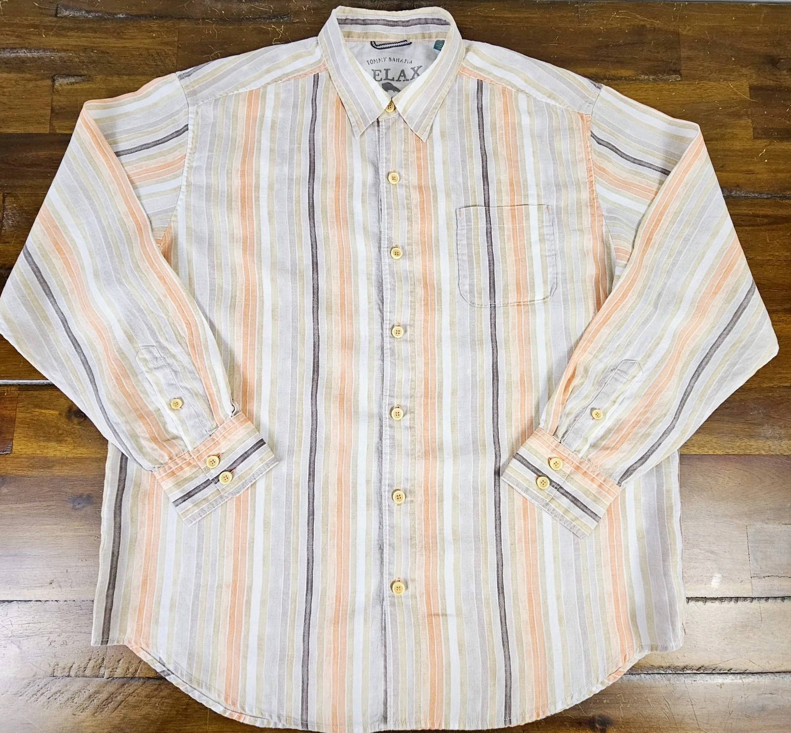 Tommy Bahama Linen Shirt Mens XL Multicolor Relax Striped Long Sleeve Button Up