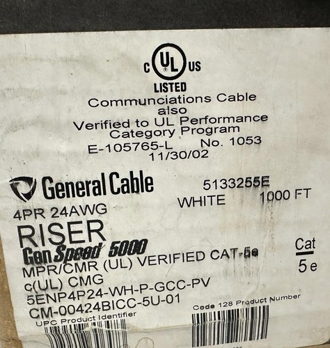 General Cable 5133255E GenSPEED 5000 Cat 5e Riser Cable 24 AWG White 354 ft - 第 2/3 張圖片