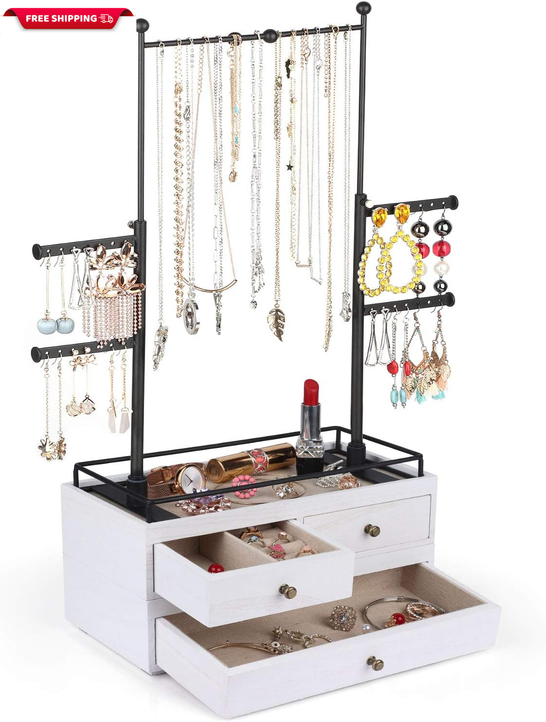 Jewelry Organizer - 2 Layer Wooden Jewelry Drawer Storage Box with 6 Tier Jewelr-image