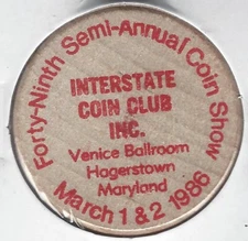 1986, Interstate Coin Club 49th Show, Hagerstown, Maryland, Token, Wooden Nickel