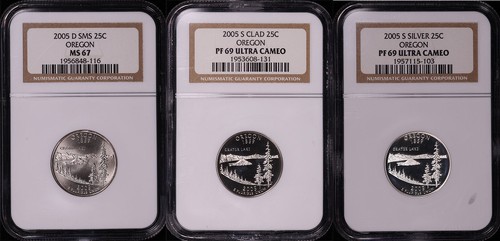 2005-D&S SMS, Clad, & Silver Oregon State Quarter Set NGC MS-67 & PF-69 UC