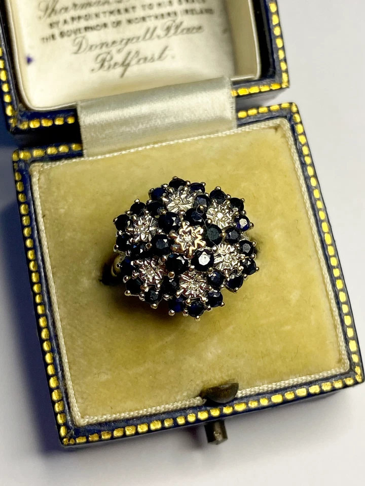 Anillo de boda redondo de 3 quilates de zafiro simulado cóctel plata real oro amarillo sobre Foto 3 de 4