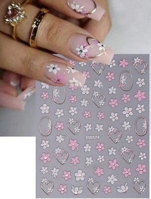 Nail Art Stickers Decals Spring Summer Flowers Heart Daisy Pink White (SWA74)