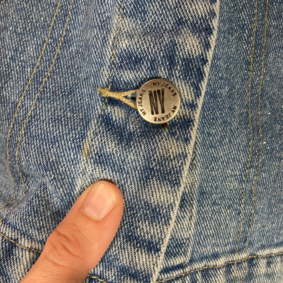Chaqueta vaquera vaquera años 90 Y2K para mujer L azul brillo botón grunge hada Bratz muñeca Foto 3 de 4