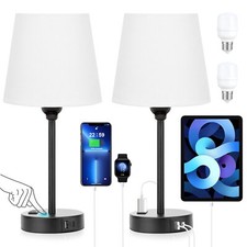White Nightstand Lamps with USB-C Ports Dimmable Touch Control for Bedrooms