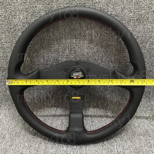 Mugen Genuine Leather Steering Wheel Flat bracket 340mm Horn Red Stitching - Picture 2 of 7