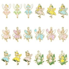 36x Enamel Fairy Angel Wing Flower Charms Pendants for DIY Jewelry Craft Making