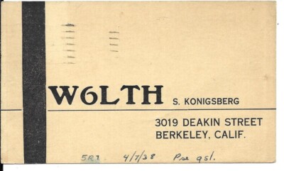 QSL 1938 Berkeley CA adio card