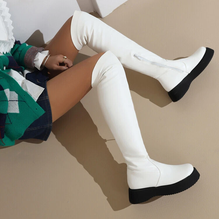 Womens Stretch Thigh High Boots Pull On Side Zipper Round Toe Flat Riding Boots